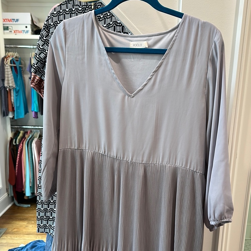 Gray V-Neck Pleated Dress